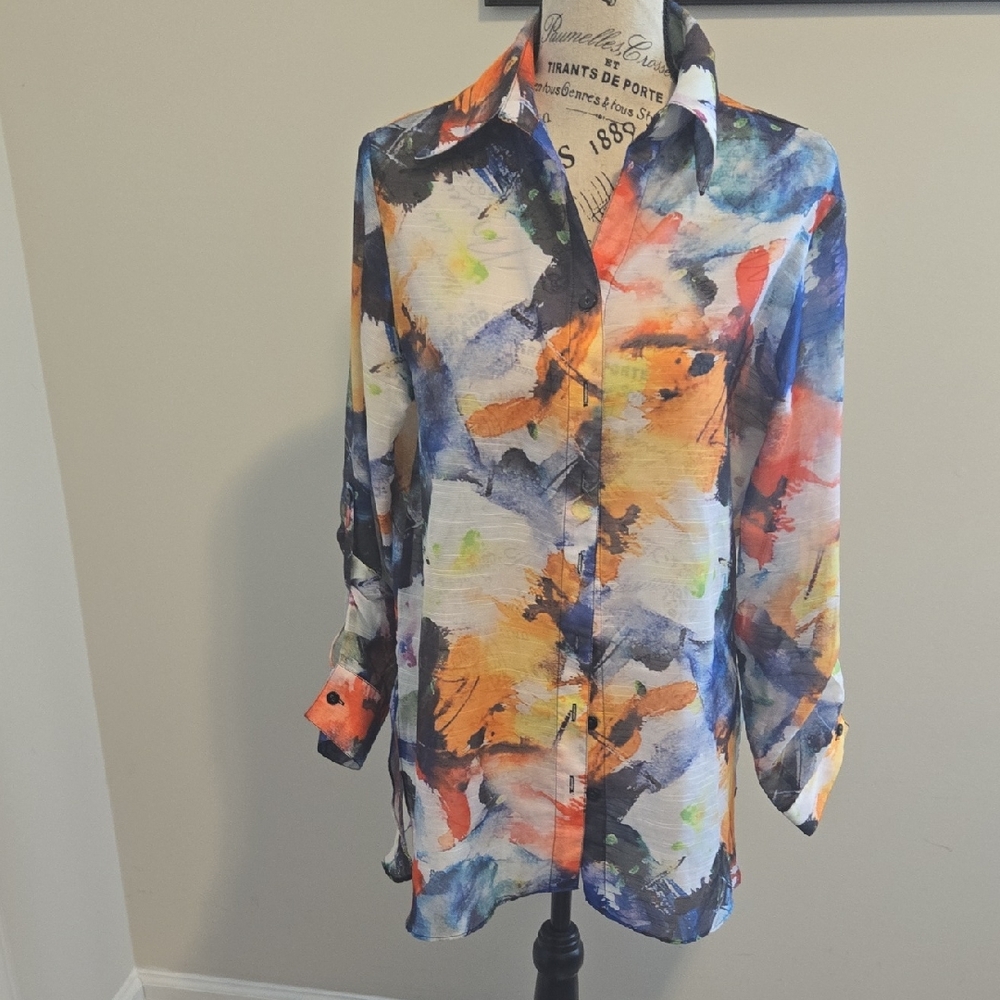 Abstract Watercolor Button-Up Tunic - Multicolor
